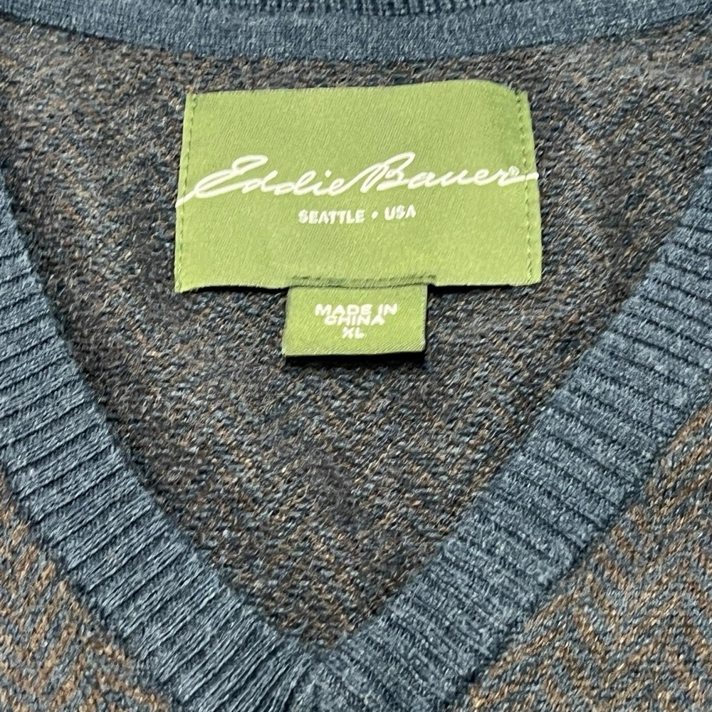 Eddie Bauer Sweater Y2K VTG Men's XL Cashmere Cotton V-Neck Herringbone Gray - Picture 3 of 4